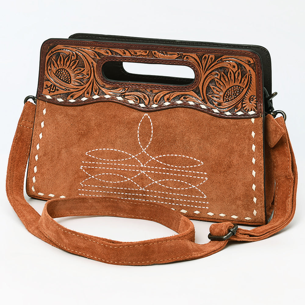 ADBG1658 Tan Genuine suede Convertible Crossbody with Handle Cutout & Tooled Leather Trim