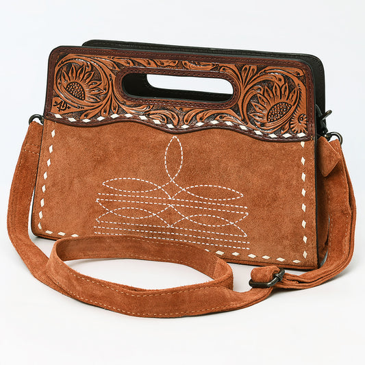 ADBG1658 Tan Genuine suede Convertible Crossbody with Handle Cutout & Tooled Leather Trim