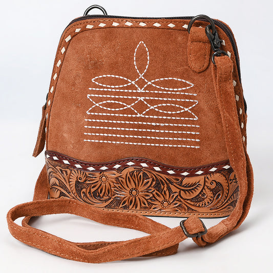 ADBG1659 Tan Genuine suede Saddle Crossbody Bag with Tooled Leather & White Embroidery