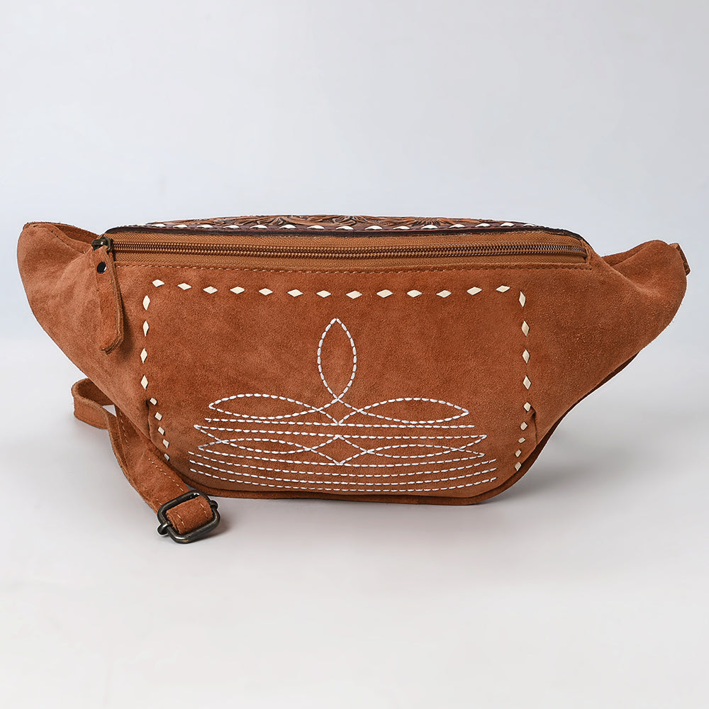 ADBG1660 Tan Genuine suede Western Fanny Bag with Embroidery & Tooled Leather Accent
