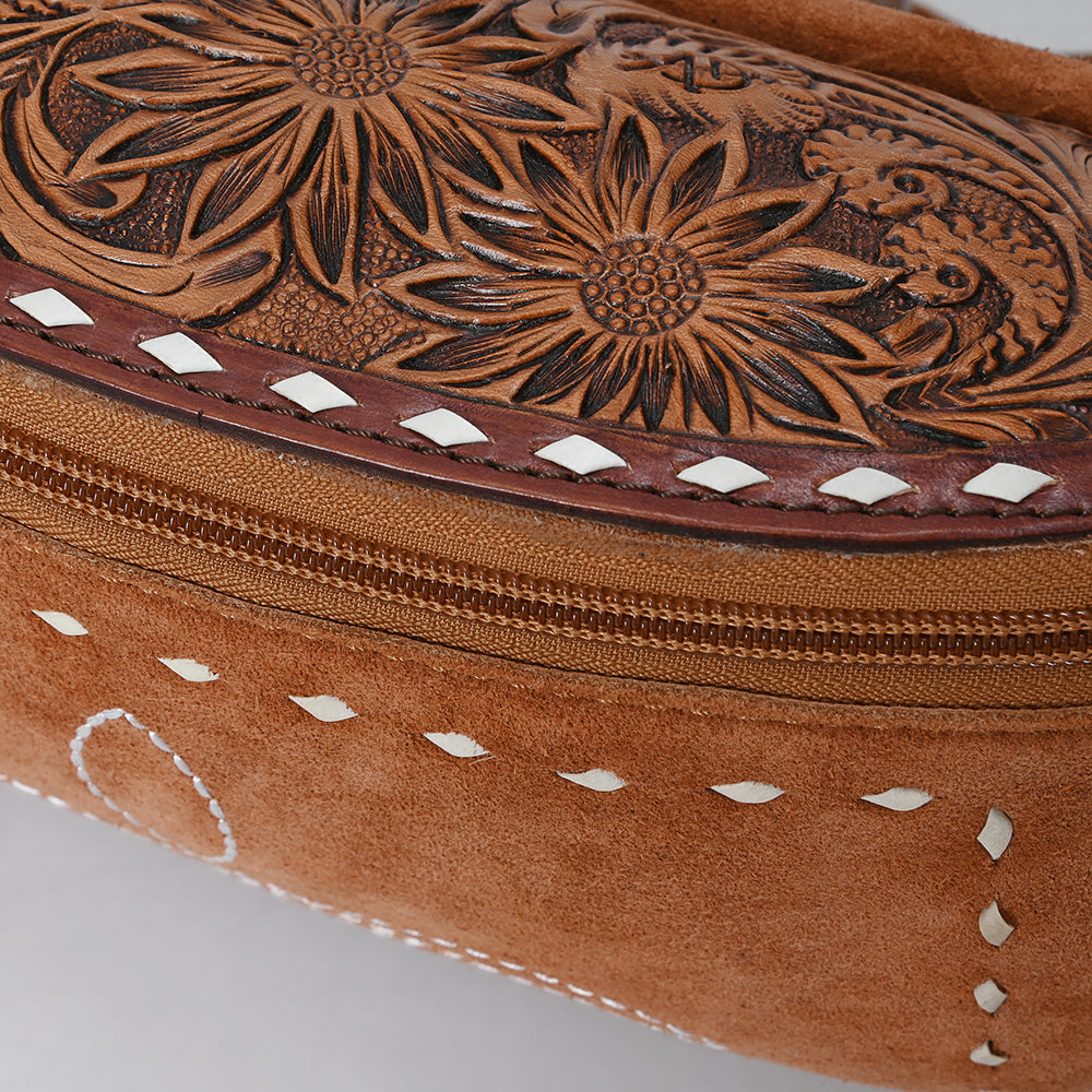 ADBG1660 Tan Genuine suede Western Fanny Bag with Embroidery & Tooled Leather Accent