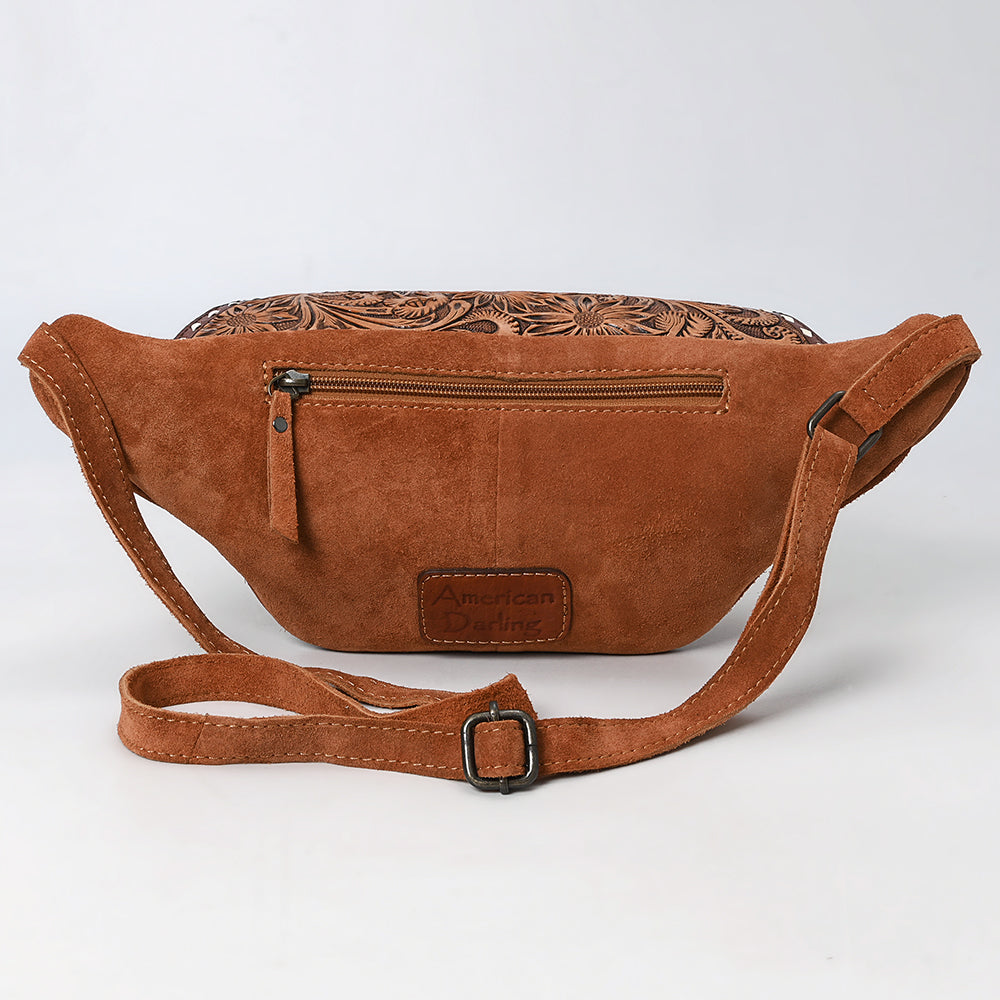ADBG1660 Tan Genuine suede Western Fanny Bag with Embroidery & Tooled Leather Accent