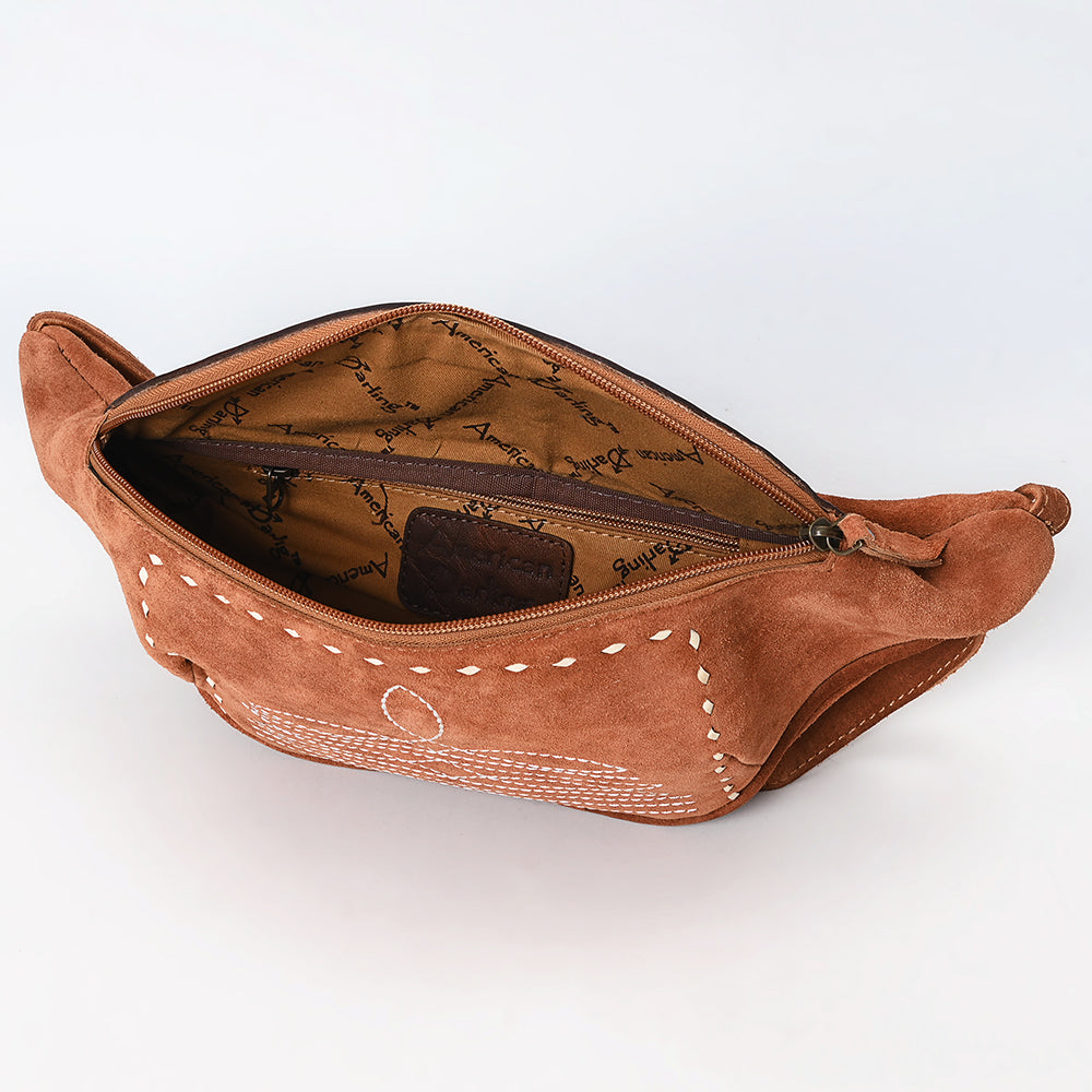 ADBG1660 Tan Genuine suede Western Fanny Bag with Embroidery & Tooled Leather Accent