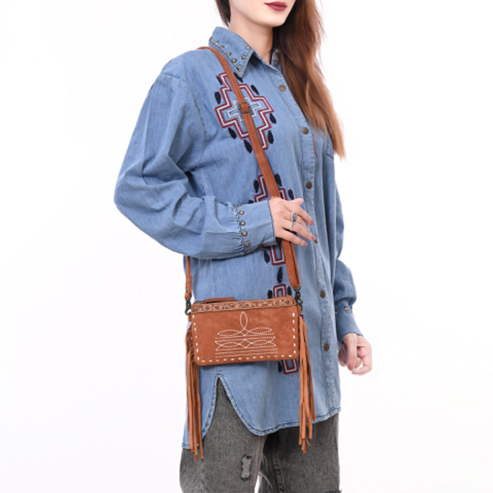 ADBG1662 Tan Genuine suede Crossbody Bag with Fringe, Embroidery & Tooled Leather Accent