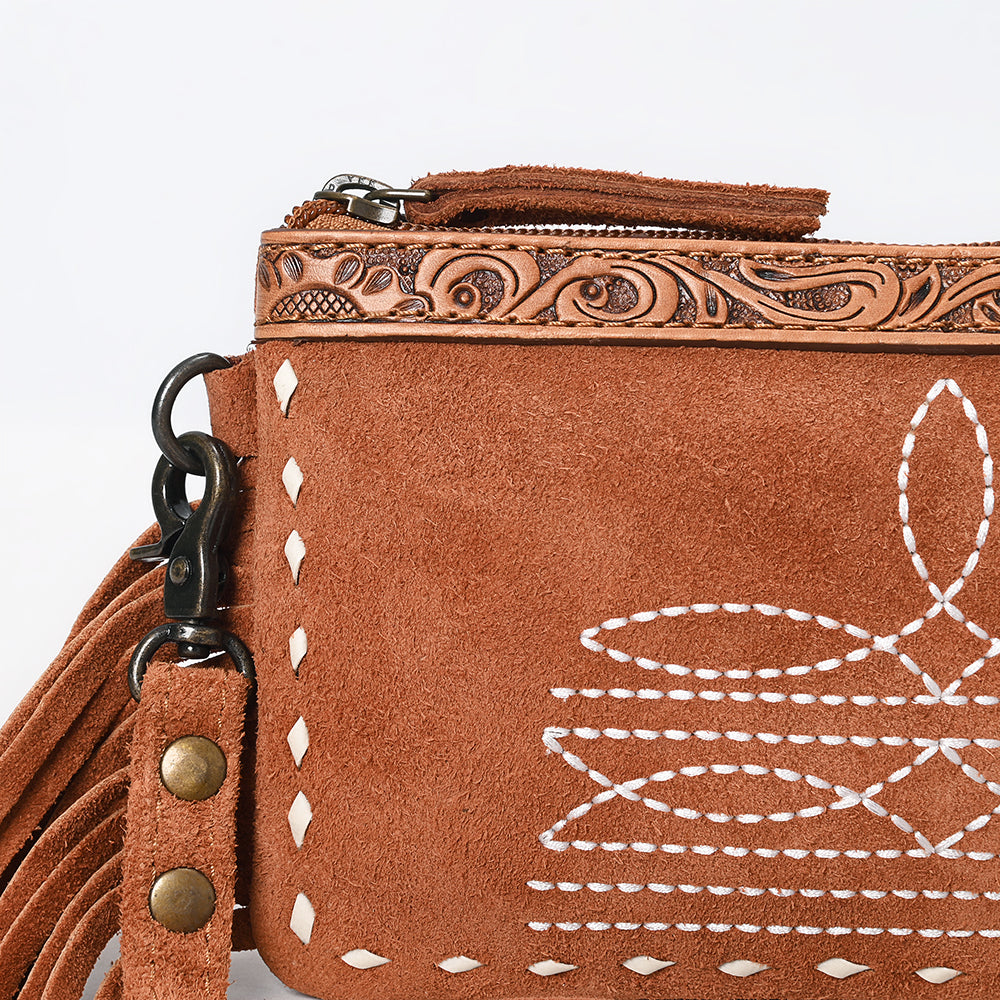ADBG1662 Tan Genuine suede Crossbody Bag with Fringe, Embroidery & Tooled Leather Accent