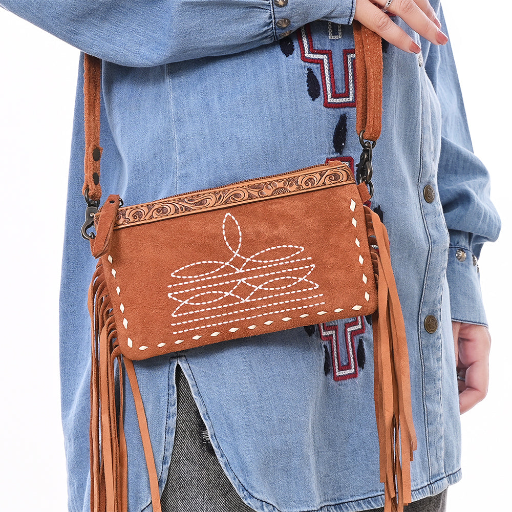 ADBG1662 American Darling Western Genuine Suede Leather Small Cross Body Bag with & Hand-Tooled Accents