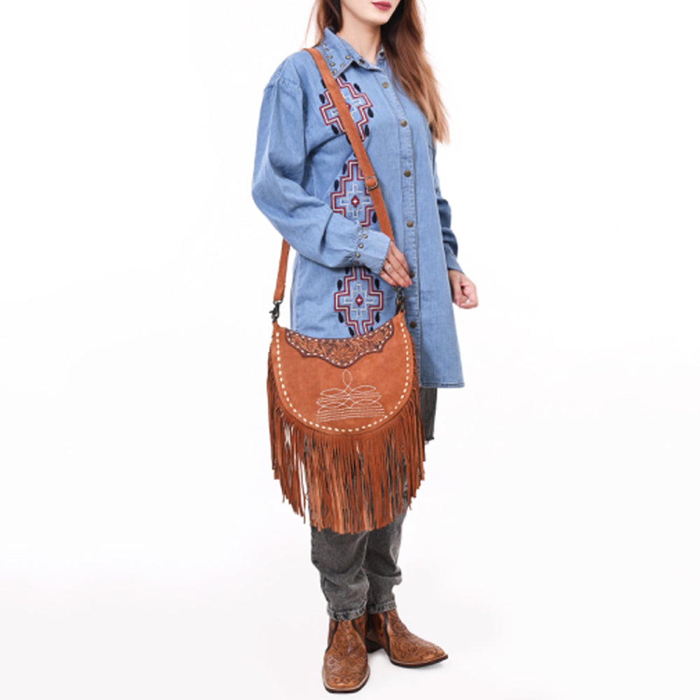 ADBG1663 Crescent Tan Genuine suede Crossbody Bag with Fringe and Tooled Leather Yoke
