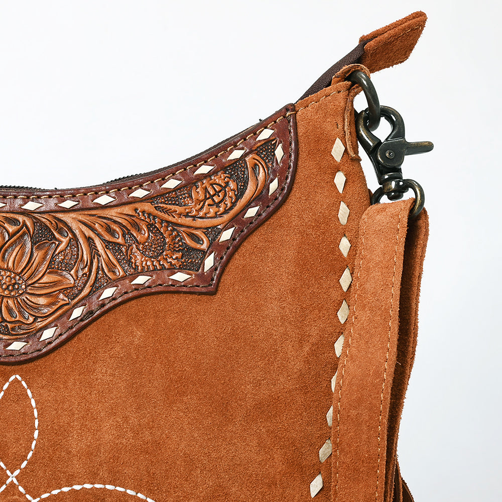 ADBG1663 Crescent Tan Genuine suede Crossbody Bag with Fringe and Tooled Leather Yoke