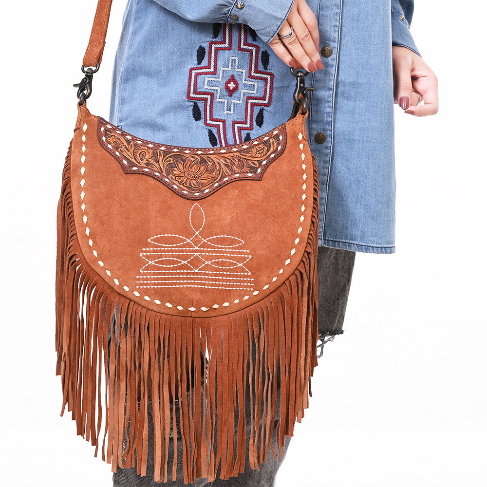 ADBG1663 Crescent Tan Genuine suede Crossbody Bag with Fringe and Tooled Leather Yoke