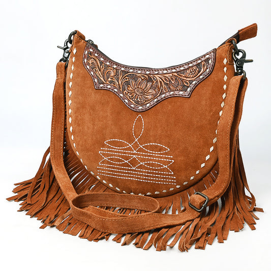 ADBG1663 Crescent Tan Genuine suede Crossbody Bag with Fringe and Tooled Leather Yoke