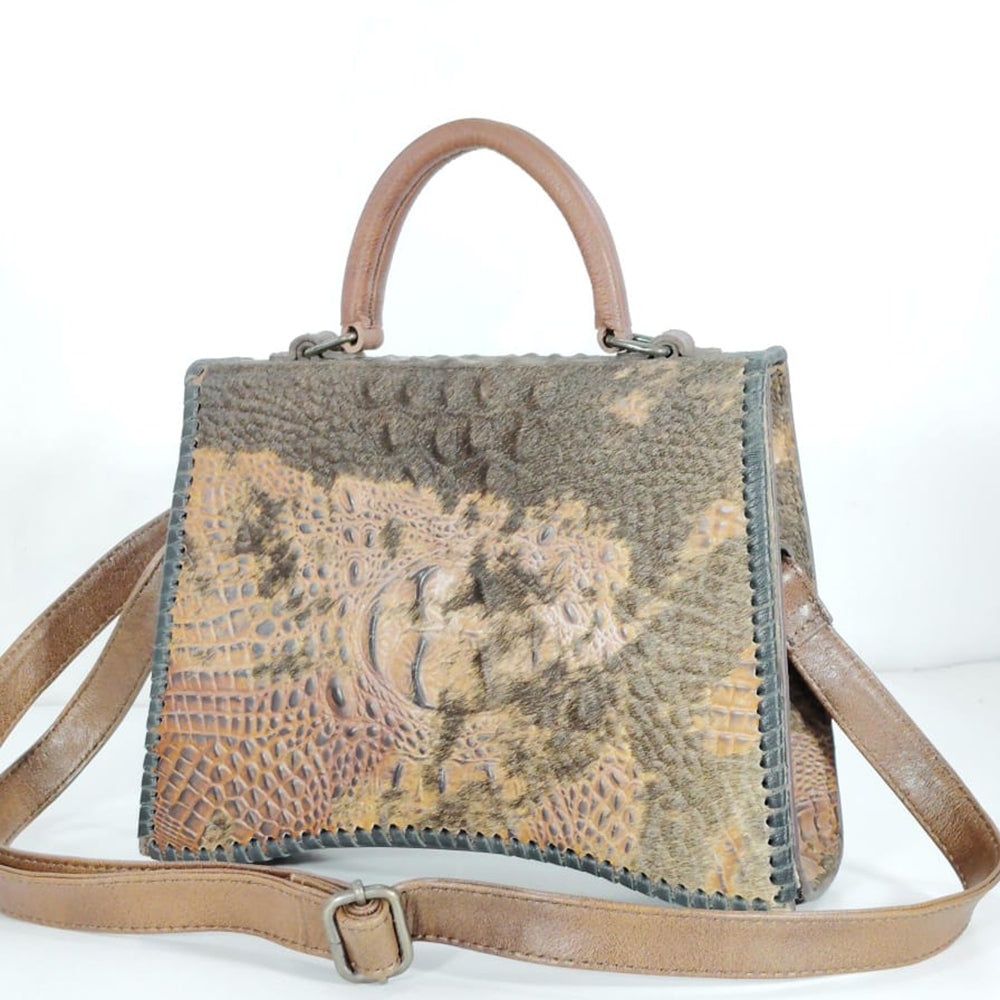 ADBG1516 American Darling Western Leather Messenger Bag with Hair-On Cowhide & Crocodile-Embossed Detailing