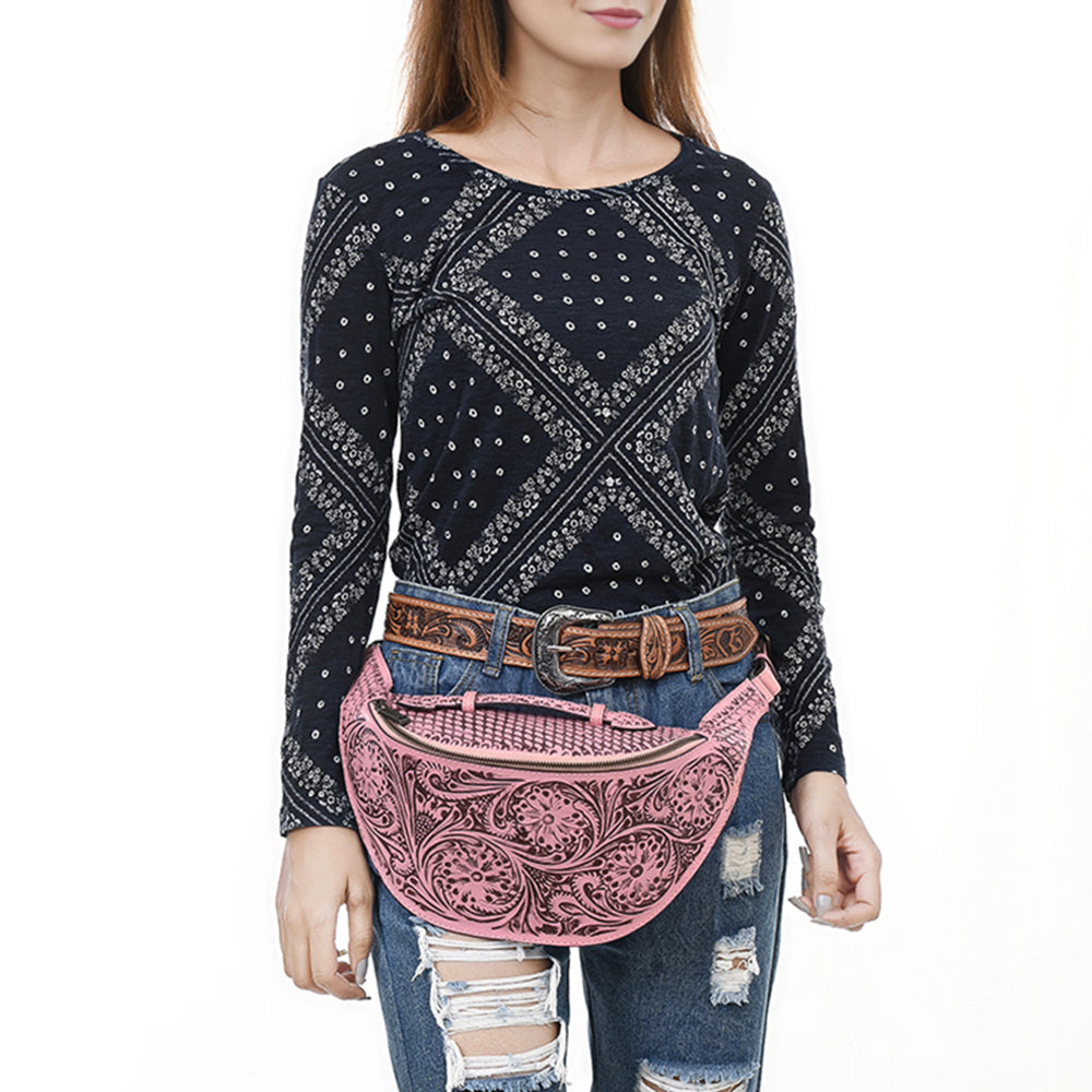 ADBGZ829 Hand-Tooled Leather Western Belt Bag - Floral Fanny Pack with Adjustable Strap