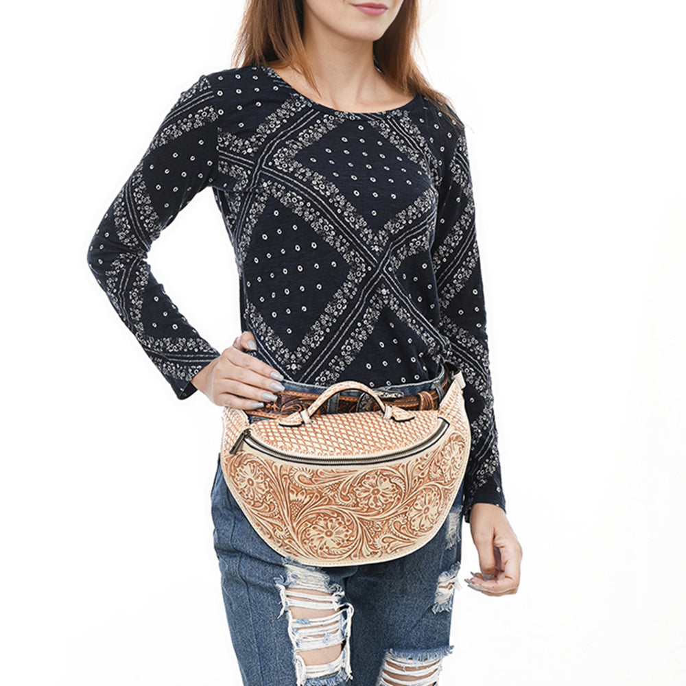ADBGZ829 Hand-Tooled Leather Western Belt Bag - Floral Fanny Pack with Adjustable Strap