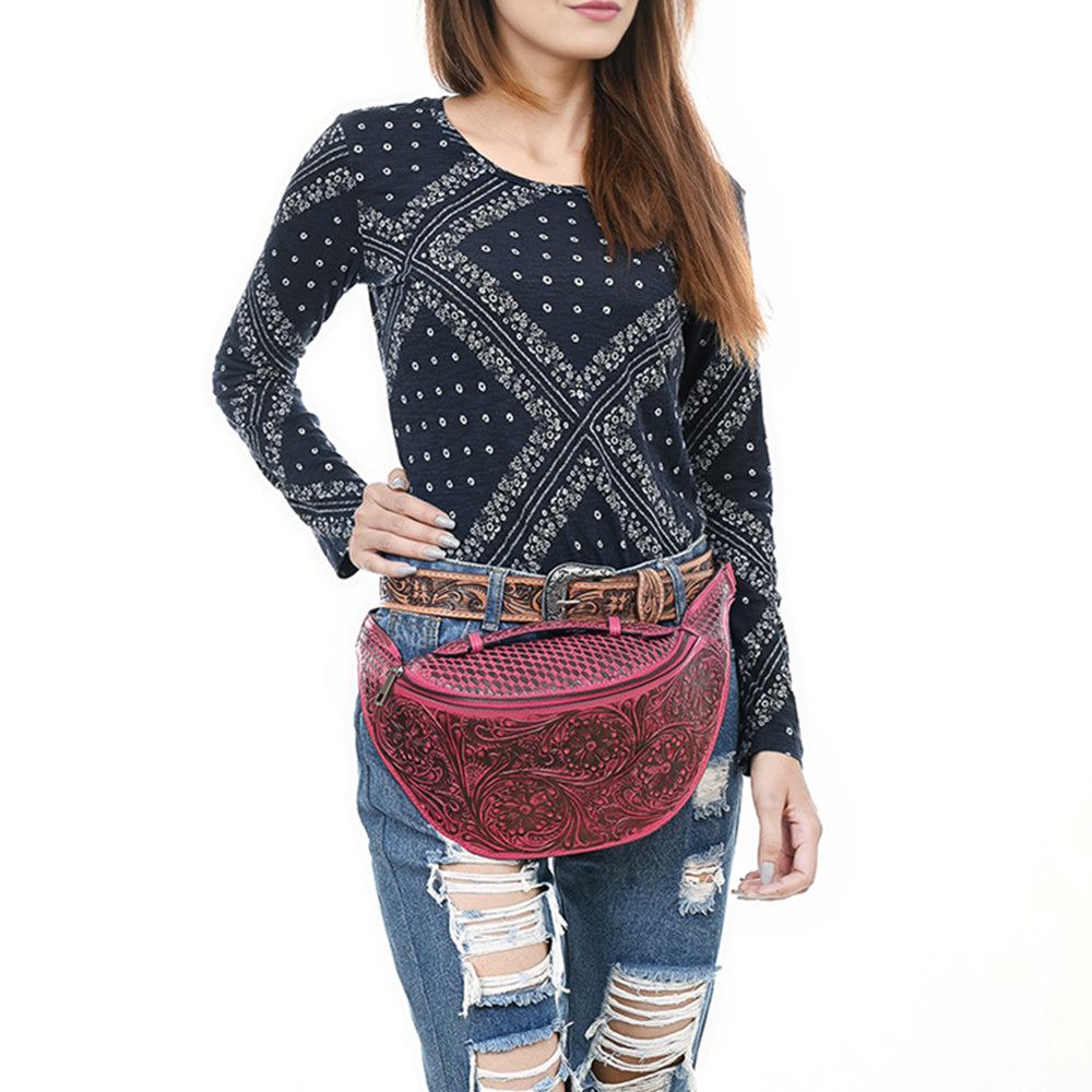 ADBGZ829 Hand-Tooled Leather Western Belt Bag - Floral Fanny Pack with Adjustable Strap