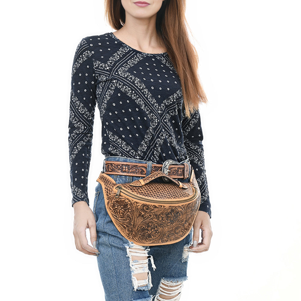 ADBGZ829 Hand-Tooled Leather Western Belt Bag - Floral Fanny Pack with Adjustable Strap