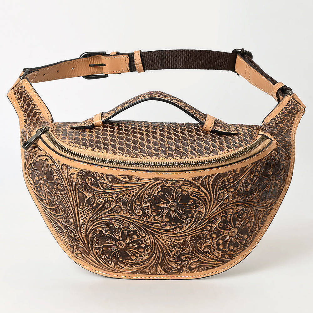 ADBGZ829 Hand-Tooled Leather Western Belt Bag - Floral Fanny Pack with Adjustable Strap