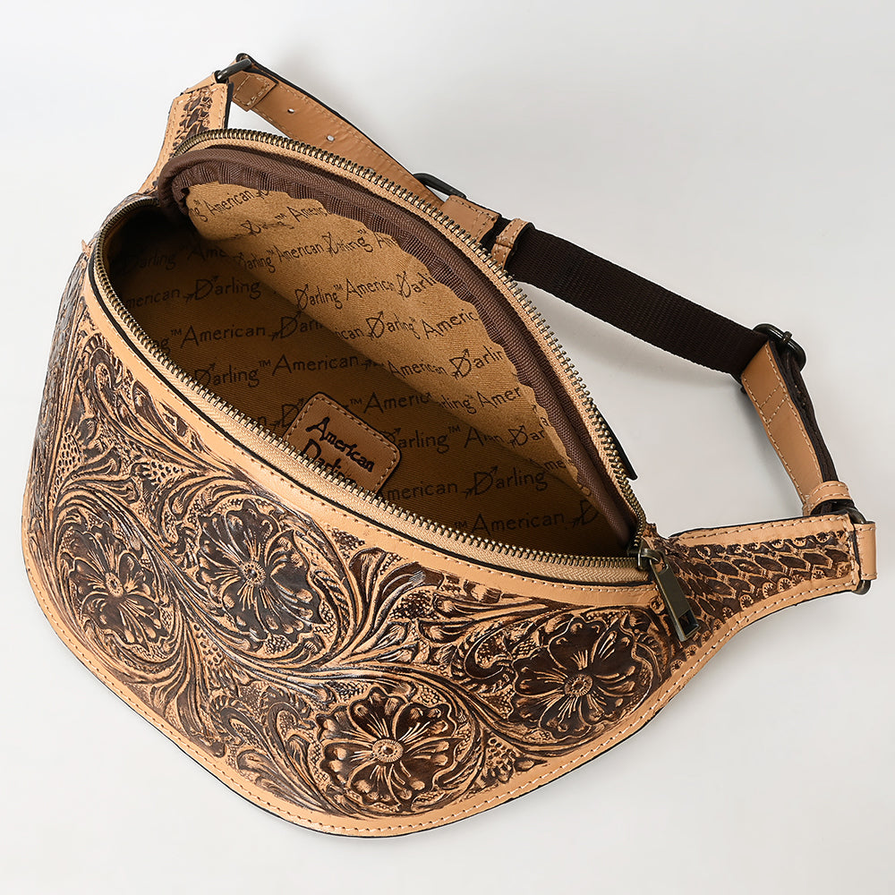 ADBGZ829 Hand-Tooled Leather Western Belt Bag - Floral Fanny Pack with Adjustable Strap