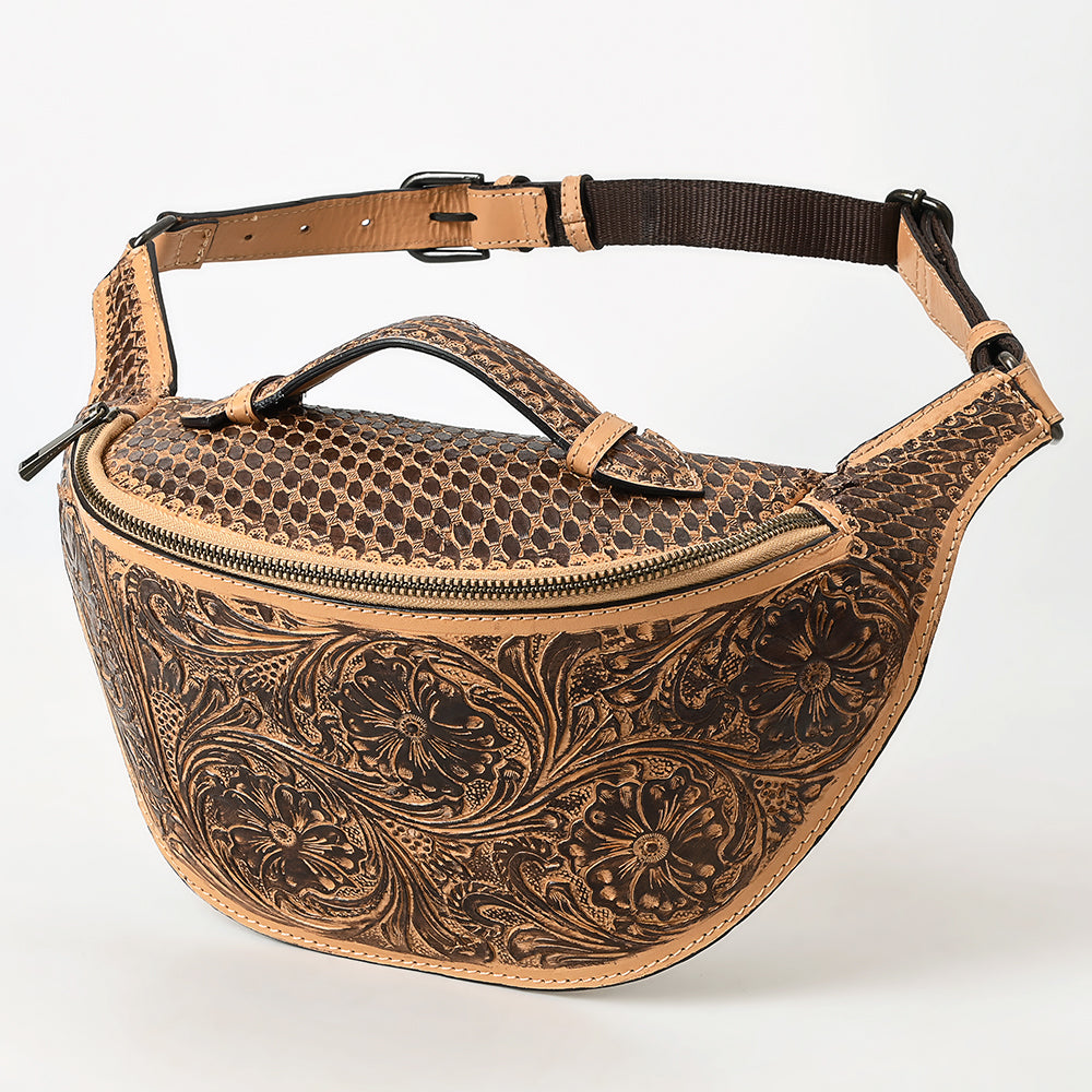 ADBGZ829 Hand-Tooled Leather Western Belt Bag - Floral Fanny Pack with Adjustable Strap