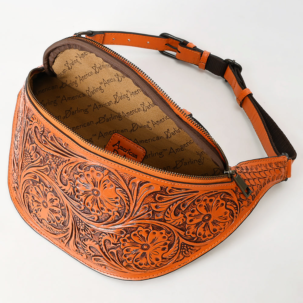 ADBGZ829 Hand-Tooled Leather Western Belt Bag - Floral Fanny Pack with Adjustable Strap