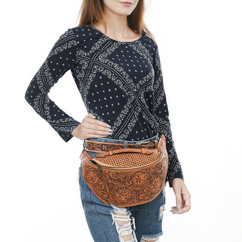 ADBGZ829 Hand-Tooled Leather Western Belt Bag - Floral Fanny Pack with Adjustable Strap
