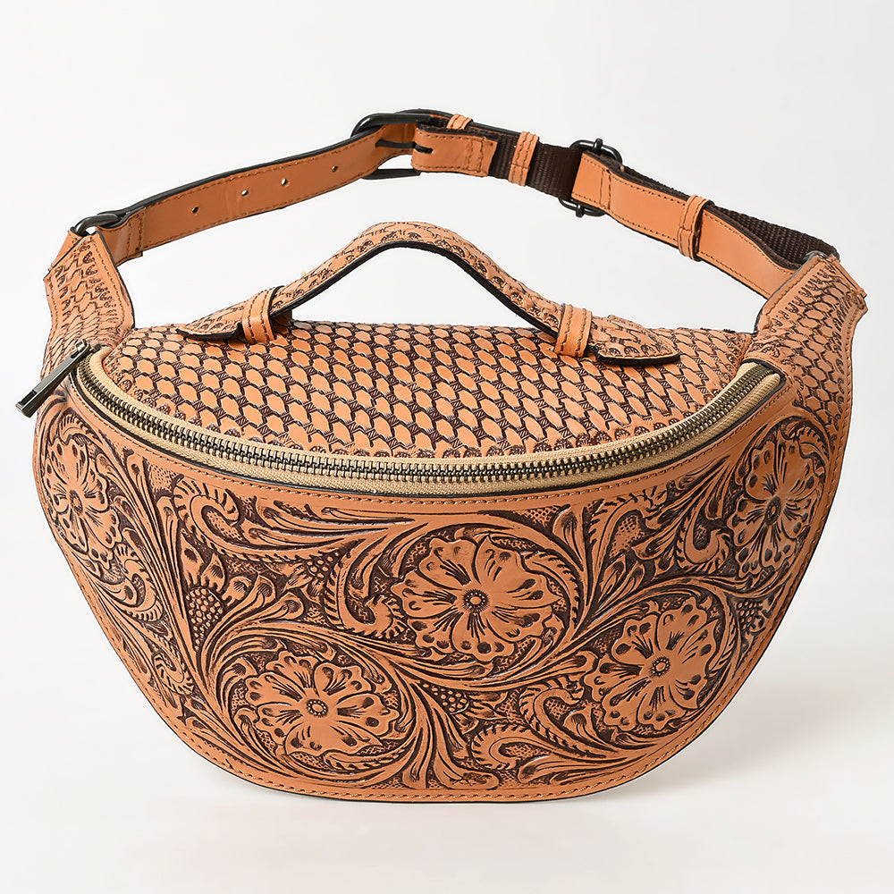 ADBGZ829 Hand-Tooled Leather Western Belt Bag - Floral Fanny Pack with Adjustable Strap