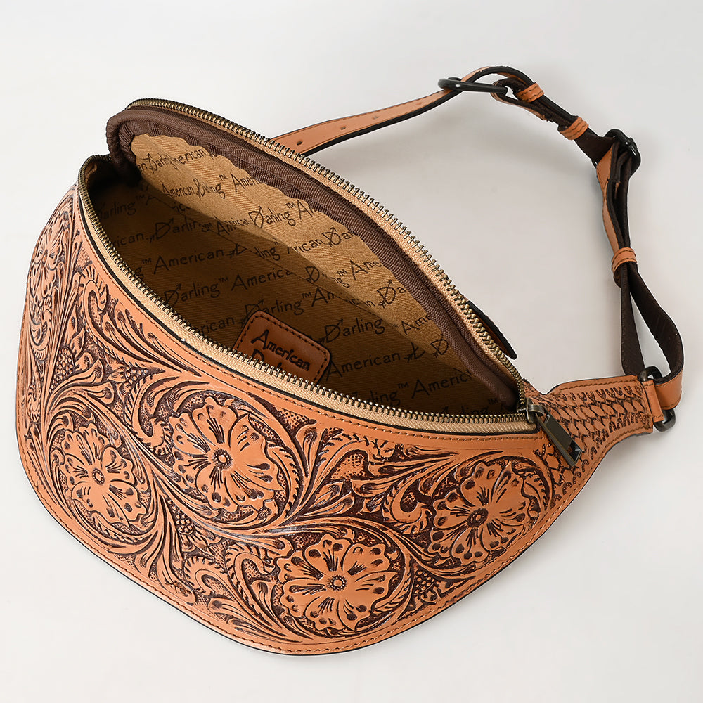 ADBGZ829 Hand-Tooled Leather Western Belt Bag - Floral Fanny Pack with Adjustable Strap