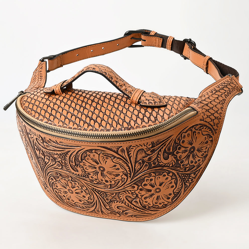 ADBGZ829 Hand-Tooled Leather Western Belt Bag - Floral Fanny Pack with Adjustable Strap