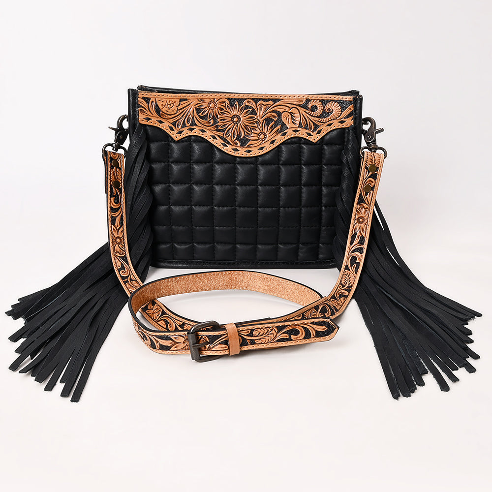 ADBG1664 American Darling Black Genuine Leather Crossbody Bag with Hand-Tooled Details and Fringes