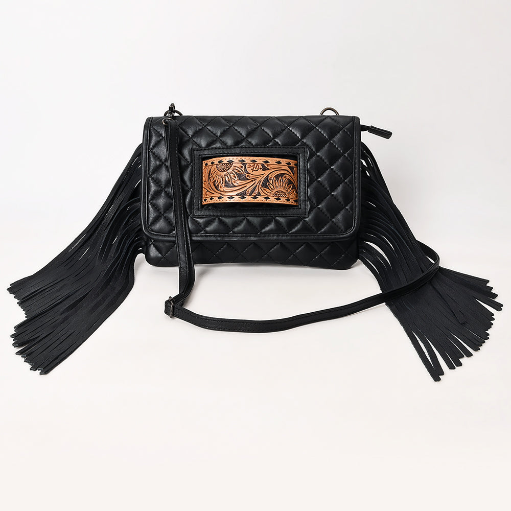ADBG1665 Black Quilted Wallet Bag with Tooled Leather Patch & Fringe