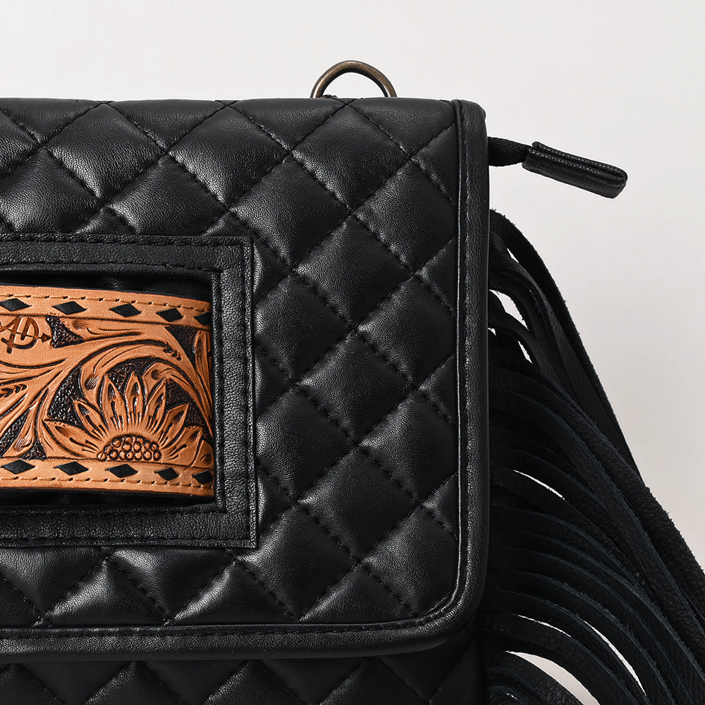 ADBG1665 Black Quilted Wallet Bag with Tooled Leather Patch & Fringe