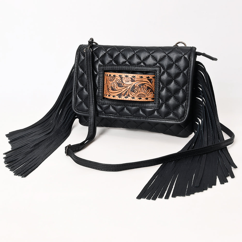 ADBG1665 Black Quilted Wallet Bag with Tooled Leather Patch & Fringe