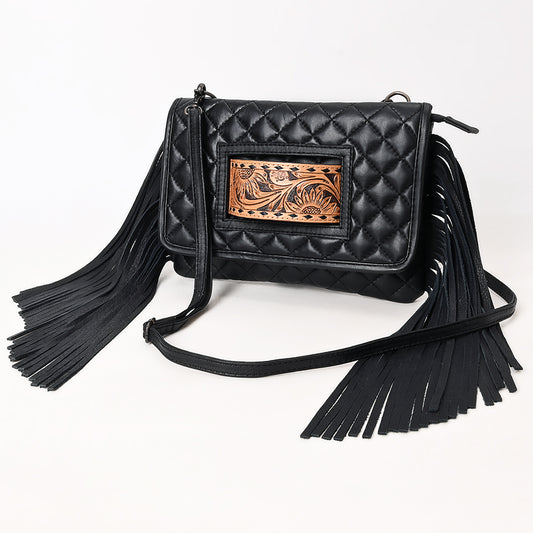 ADBG1665 Black Quilted Wallet Bag with Tooled Leather Patch & Fringe