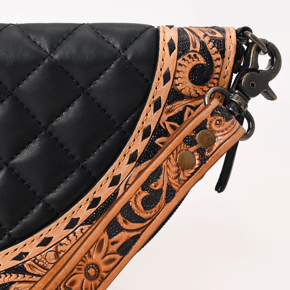 ADBG1666 Black Quilted Half-Moon Taco with Tooled Leather Trim