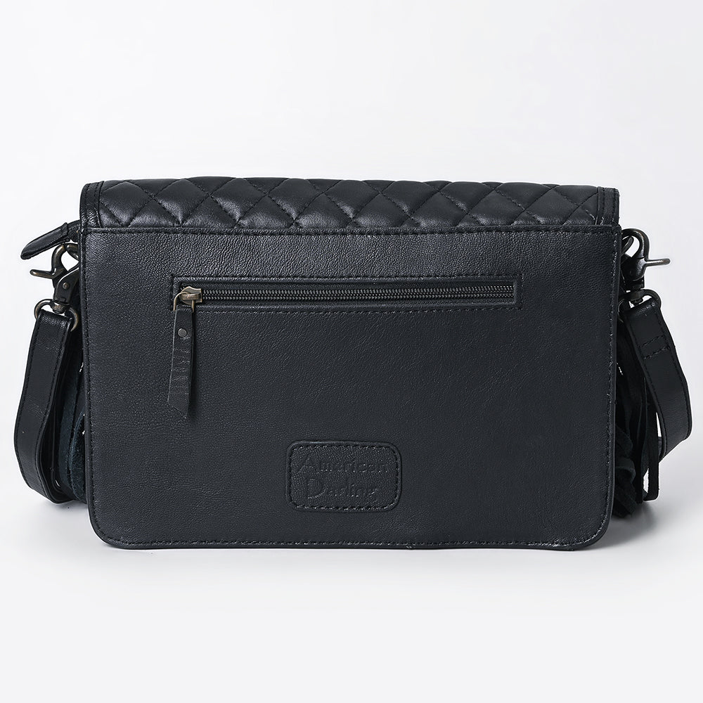 ADBG1668 Black Quilted Fringe Crossbody Bag with Tooled Leather Floral Panel