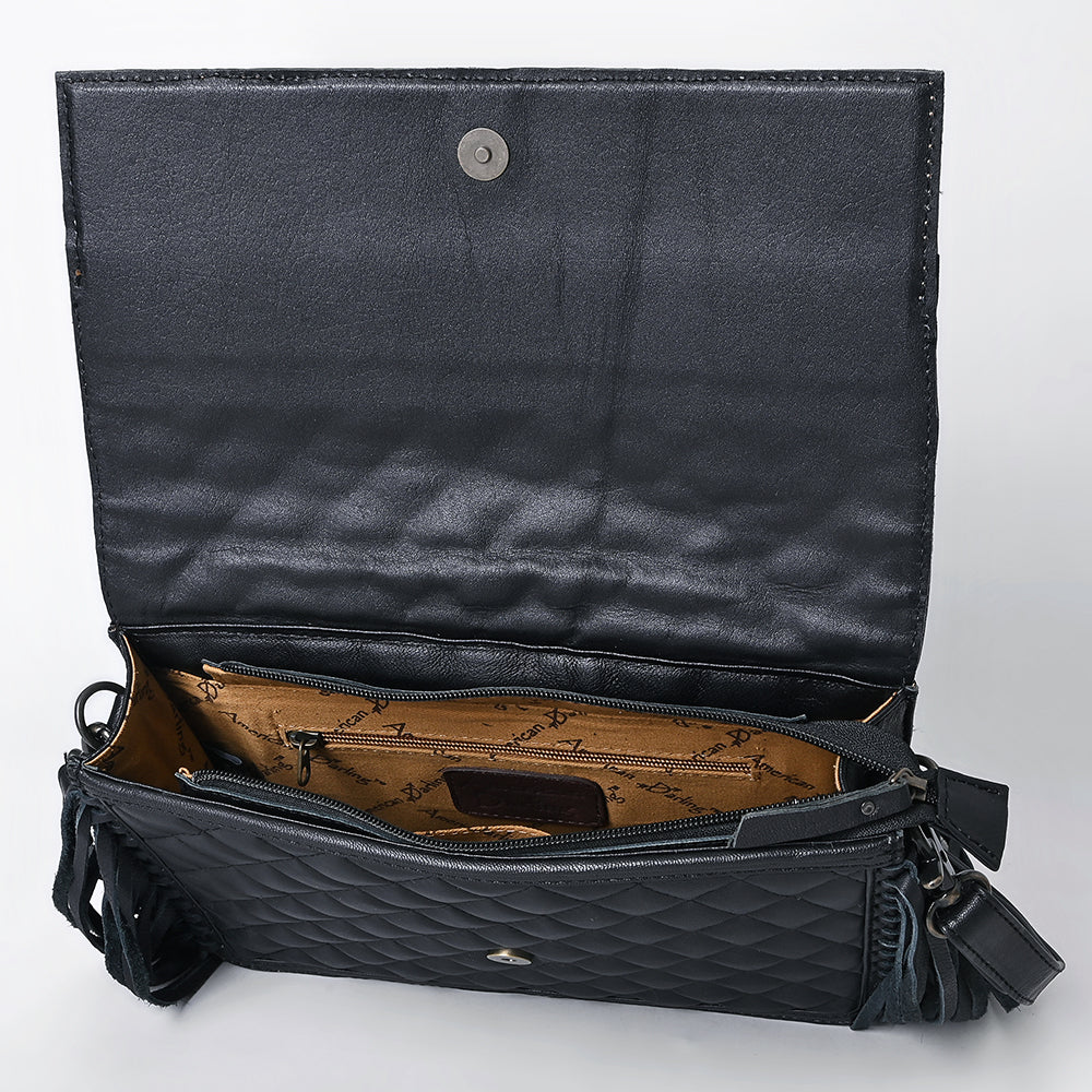 ADBG1668 Black Quilted Fringe Crossbody Bag with Tooled Leather Floral Panel