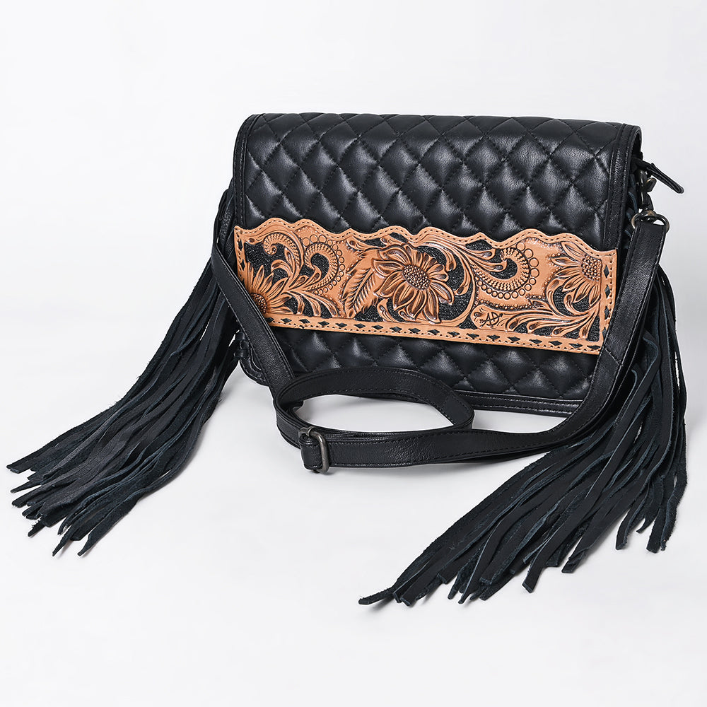 ADBG1668 Black Quilted Fringe Crossbody Bag with Tooled Leather Floral Panel