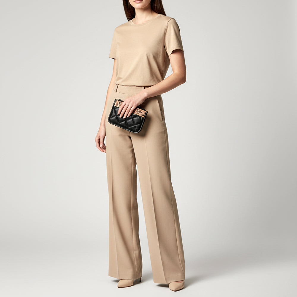 ADBG1669 Black Quilted Leather Coin Pouch with Tooled Leather Floral Trim