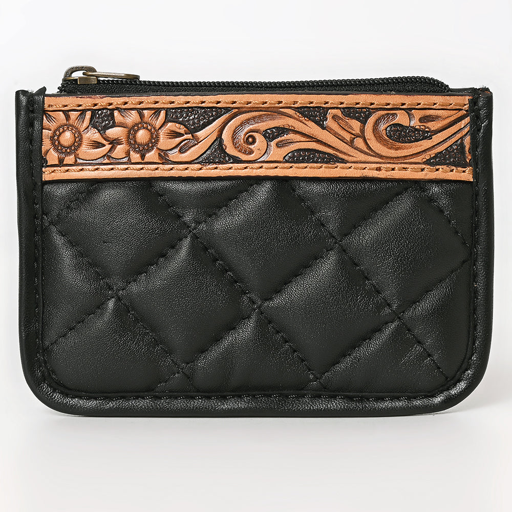 ADBG1669 Black Quilted Leather Coin Pouch with Tooled Leather Floral Trim