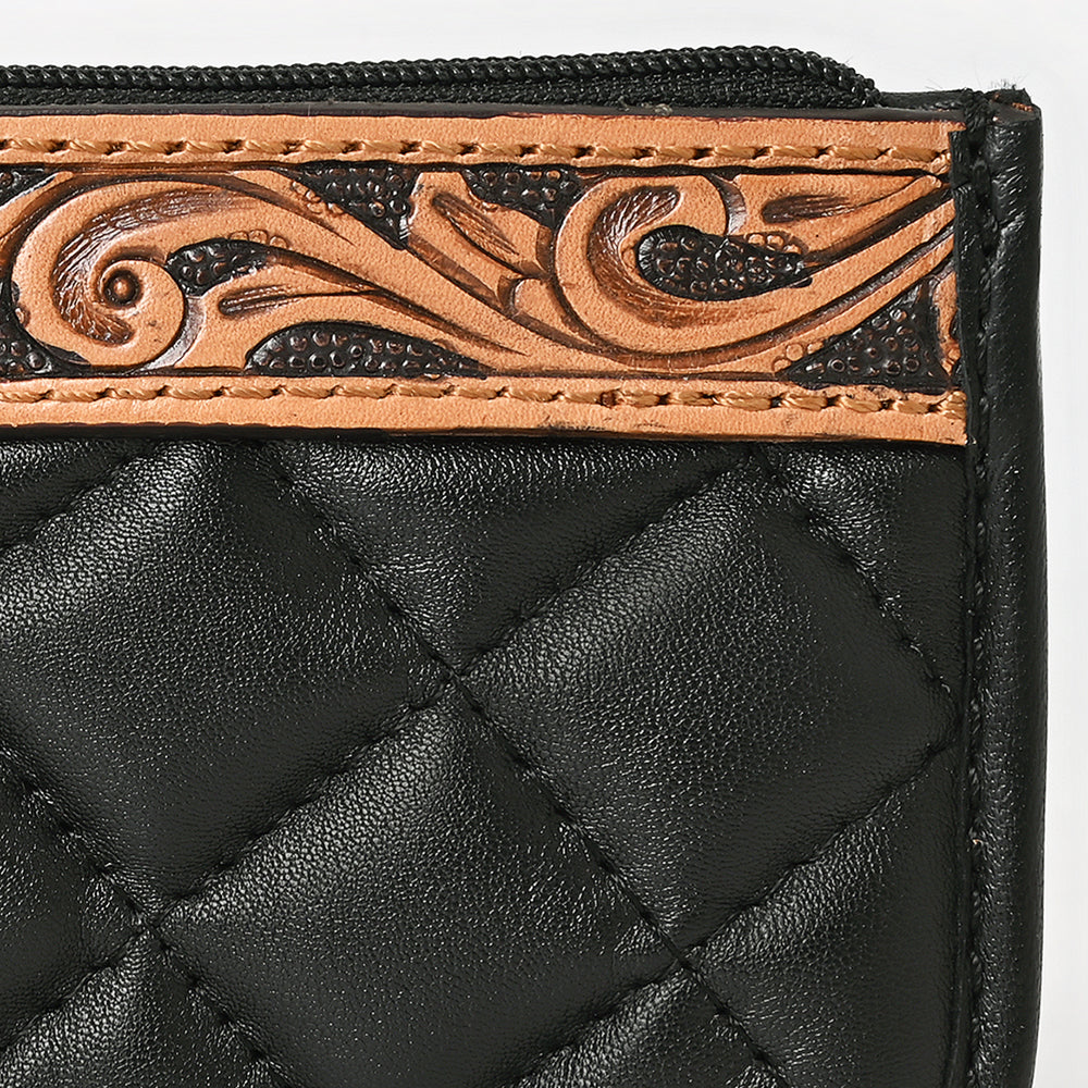 ADBG1669 Black Quilted Leather Coin Pouch with Tooled Leather Floral Trim