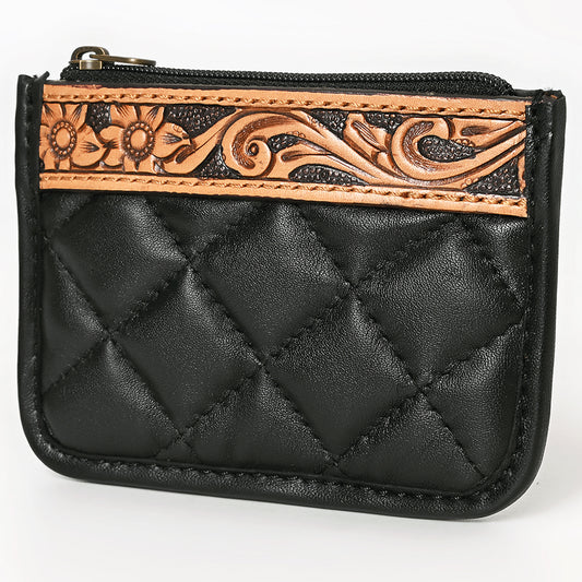 ADBG1669 Black Quilted Leather Coin Pouch with Tooled Leather Floral Trim