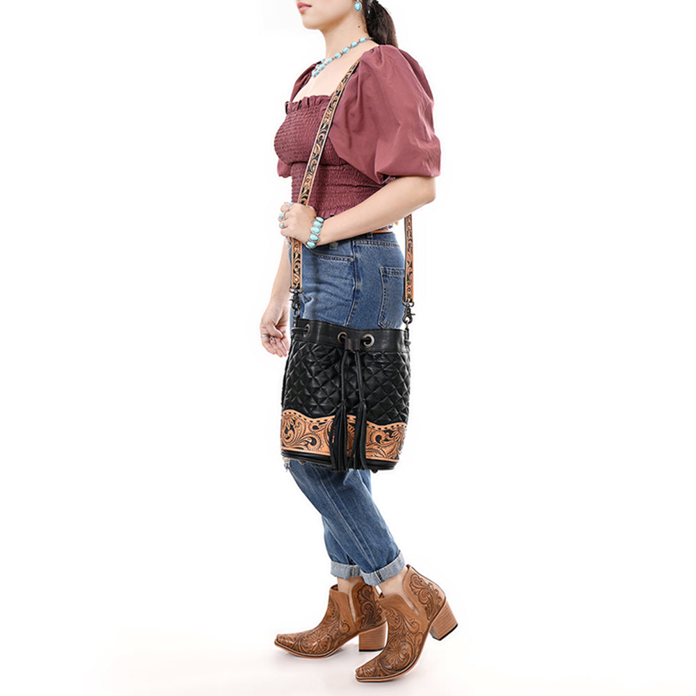 ADBG1670 Black Quilted Leather Bucket Bag with Tooled Floral Leather Trim