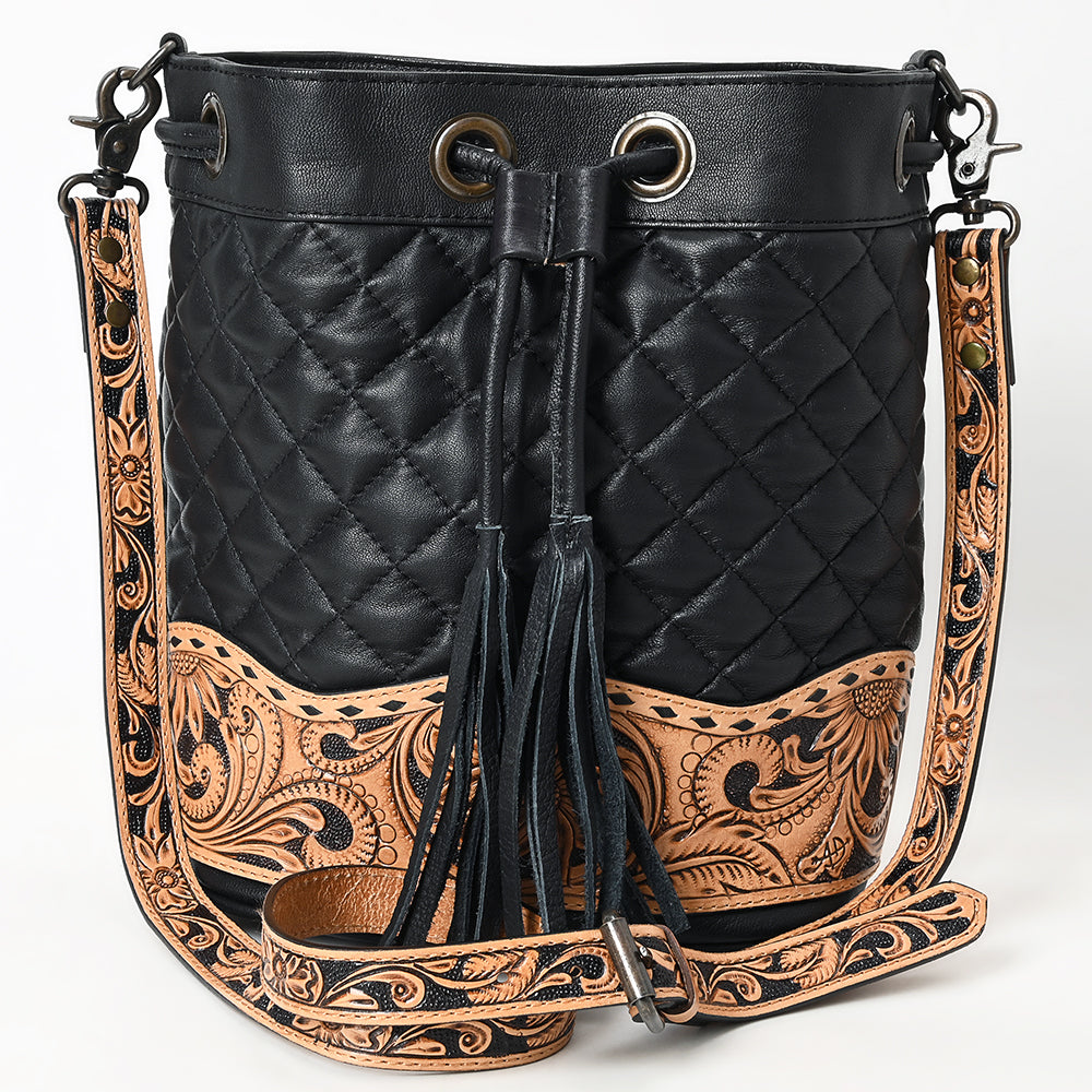 ADBG1670 Black Quilted Leather Bucket Bag with Tooled Floral Leather Trim