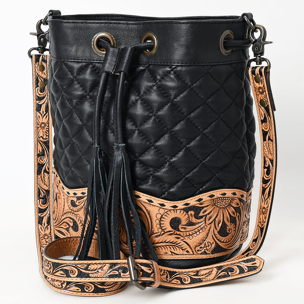ADBG1670 Black Quilted Leather Bucket Bag with Tooled Floral Leather Trim