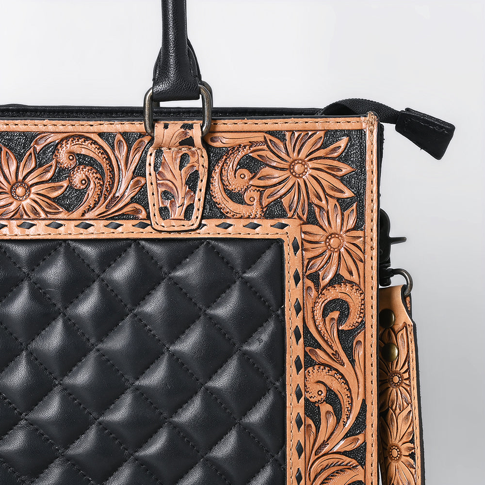 ADBG1671 Tooled Leather Black Quilted Western Tote Bag with Floral Strap - American Darling