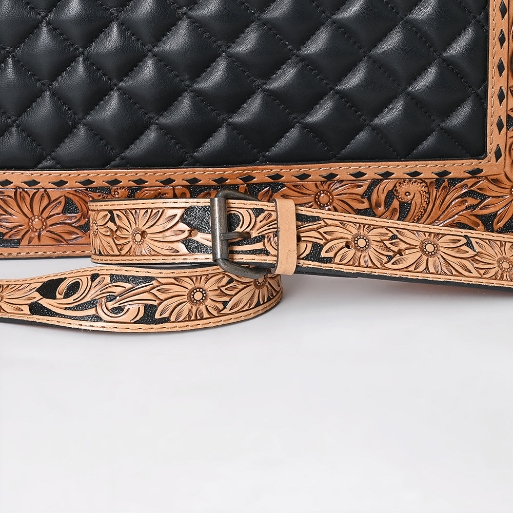 ADBG1671 Tooled Leather Black Quilted Western Tote Bag with Floral Strap - American Darling