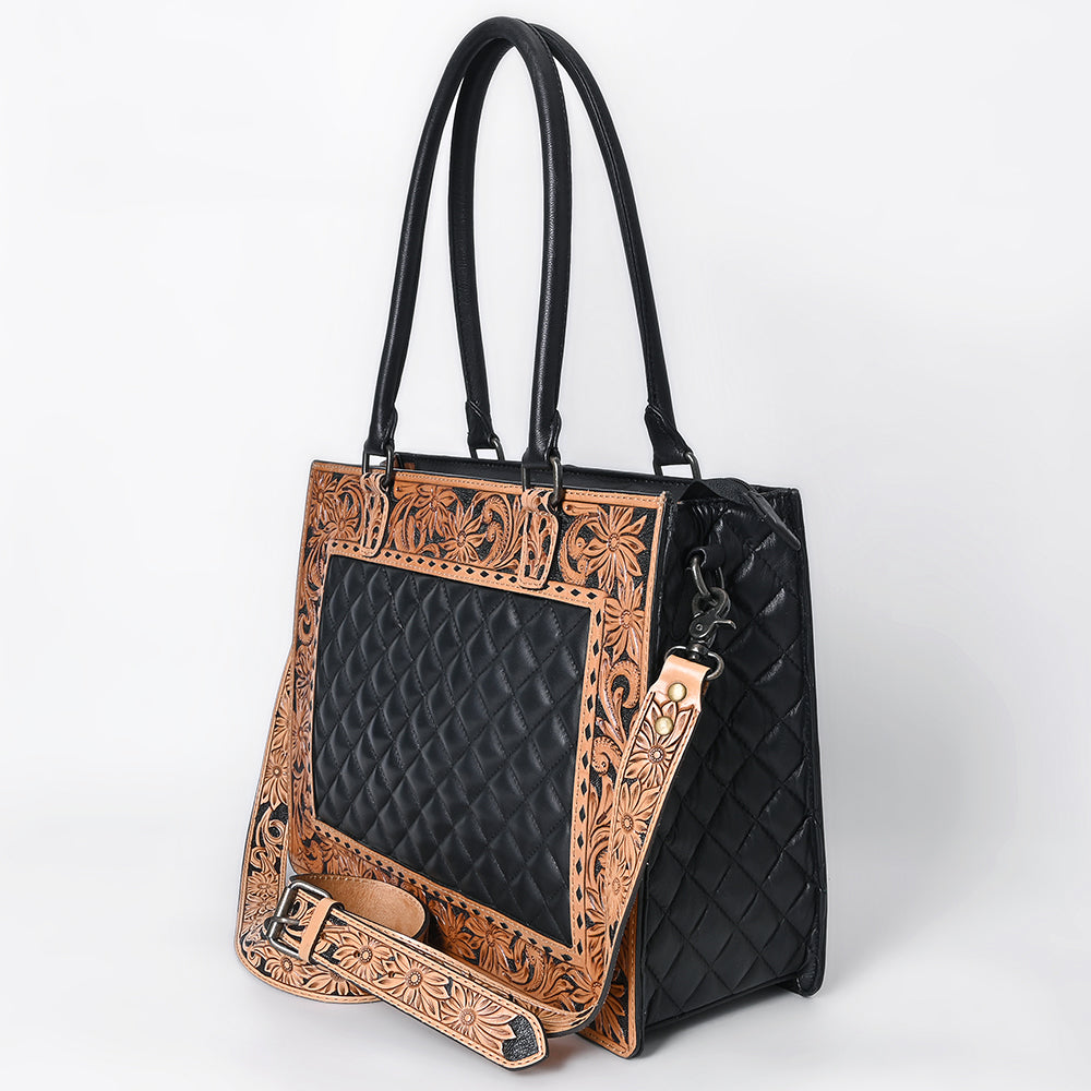 ADBG1671 Tooled Leather Black Quilted Western Tote Bag with Floral Strap - American Darling