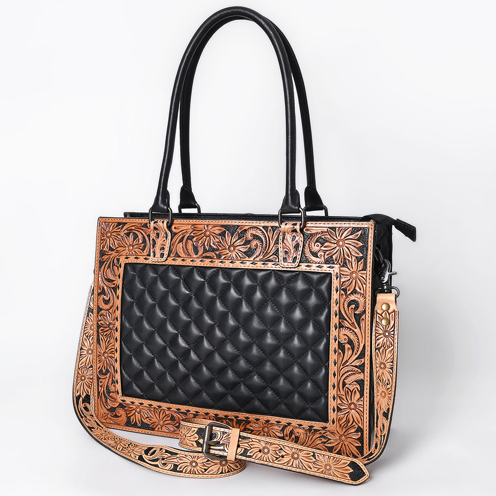 ADBG1671 Tooled Leather Black Quilted Western Tote Bag with Floral Strap - American Darling