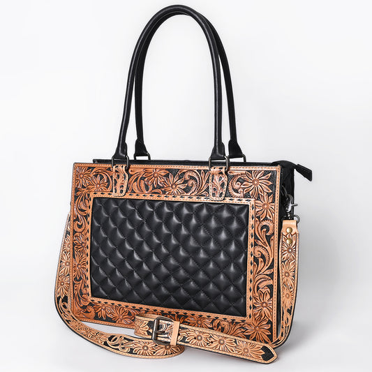 ADBG1671 Tooled Leather Black Quilted Western Tote Bag with Floral Strap - American Darling