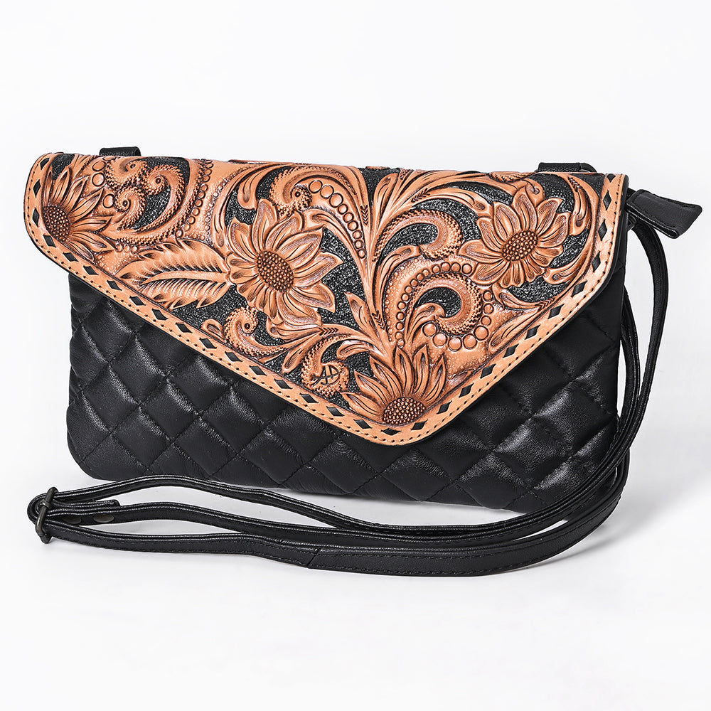 ADBG1672 Tooled Leather Black Quilted Crossbody Wallet with Floral Flap - American Darling