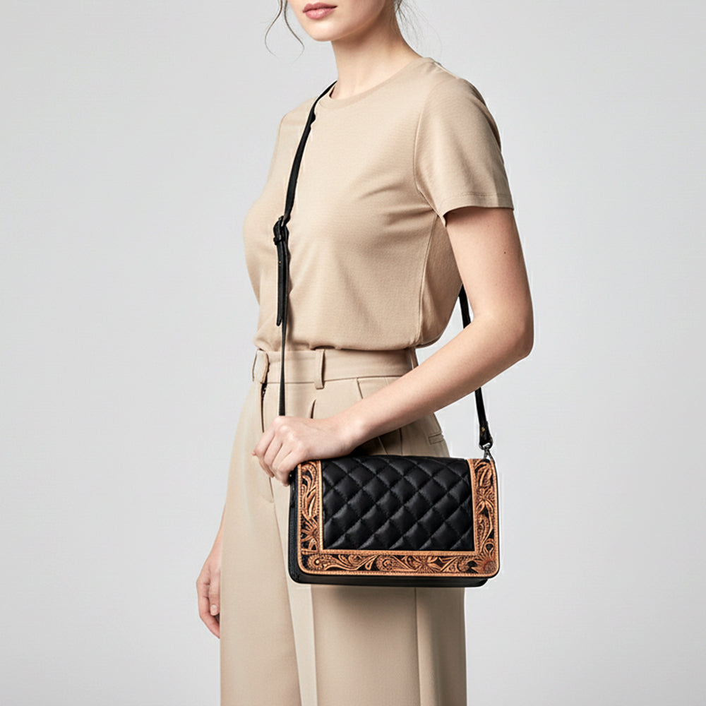 ADBG1673 Western Floral Tooled Leather Organizer Wallet - Handmade Cowhide Wristlet by American Darling